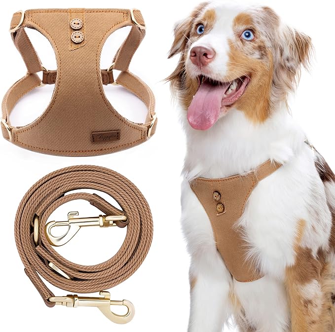 Dog Harness, No Pull Dogs Harness and Multi-Function Leash Set for Medium Dogs Easy Walk Everyday Adjustable Soft Dog Vest Harness Fashionable Dog Accessories Denim Khaki-Button-Relaxed Medium