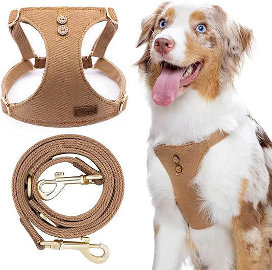 Dog Harness, No Pull Dogs Harness and Multi-Function Leash Set for Medium Dogs Easy Walk Everyday Adjustable Soft Dog Vest Harness Fashionable Dog Accessories Denim Khaki-Button-Relaxed Medium
