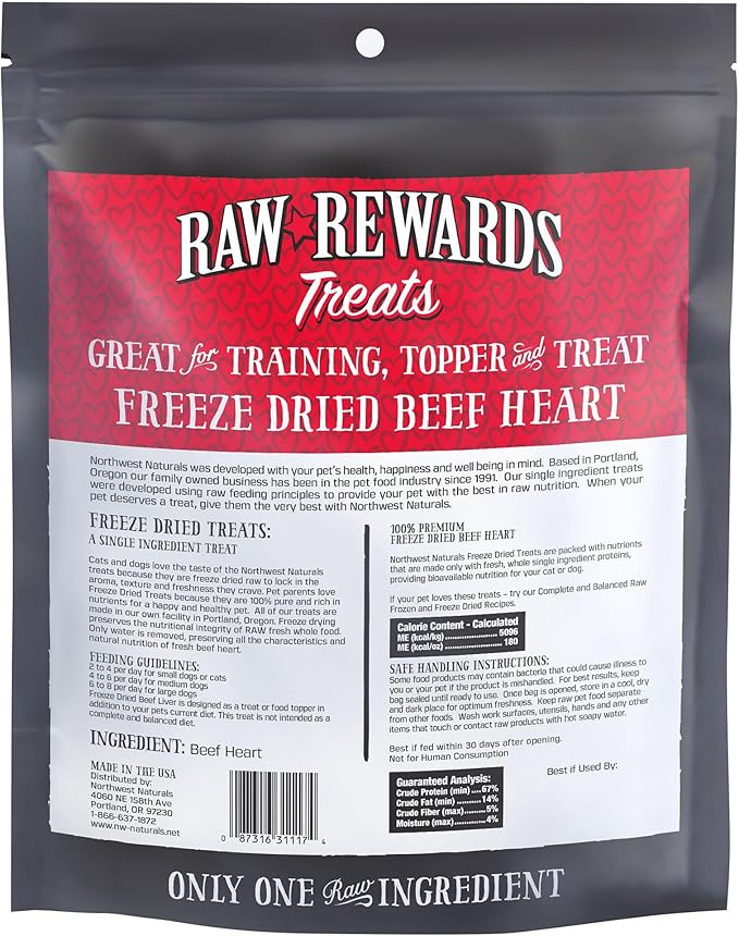 Northwest Naturals Raw Rewards Freeze-Dried Beef Heart Treats for Dogs and Cats - Bite-Sized Pieces - Healthy, 1 Ingredient, Human Grade Ingredient, All Natural, Proudly Made in USA, 10 Oz (Pack of 3)