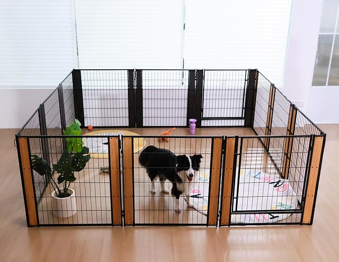Heavy Duty Dog Playpen 32 Inch Height - Indoor Outdoor Pet Fence Enclosure for Medium and Small Dogs - Foldable Puppy Exercise Pen for Indoor and RV Camping or Yard (12 Panels, 35.4" H (Oak))