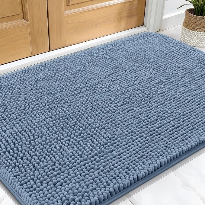 OLANLY Dog Door Mat for Muddy Paws 34x21, Absorbs Moisture and Dirt, Absorbent Non-Slip Washable Doormat, Quick Dry Chenille Mud Mat for Dogs, Entry Indoor Entryway Carpet for Inside Floor, Airy Blue