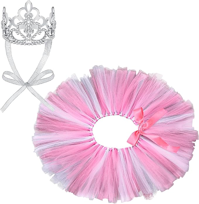 2 Pcs Dog Crown Headband Dog Tutu Dress Set Crystal Rhinestone Tiara Crown Tutu Skirt Pet Dress Costume for Puppy Birthday Party Wedding Photo Prop Costume(Small,Rose Red, White)