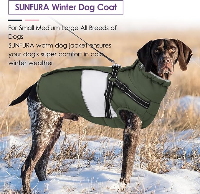 SUNFURA Dog Coat, XXL Dog Jacket Winter with Harness Built in, Waterproof Pet Snow Jacket with Furry Collar for Chilly Day, Reflective Fleece Snowsuit for Extra Large Dogs, Army Green 2XL
