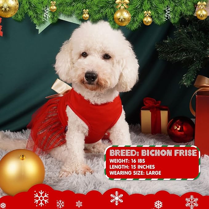 cyeollo Dog Dress Plaid Christmas Dog Clothing for Holiday Theme Outfits Bowtie Girl Pet Dresses for Small Dogs