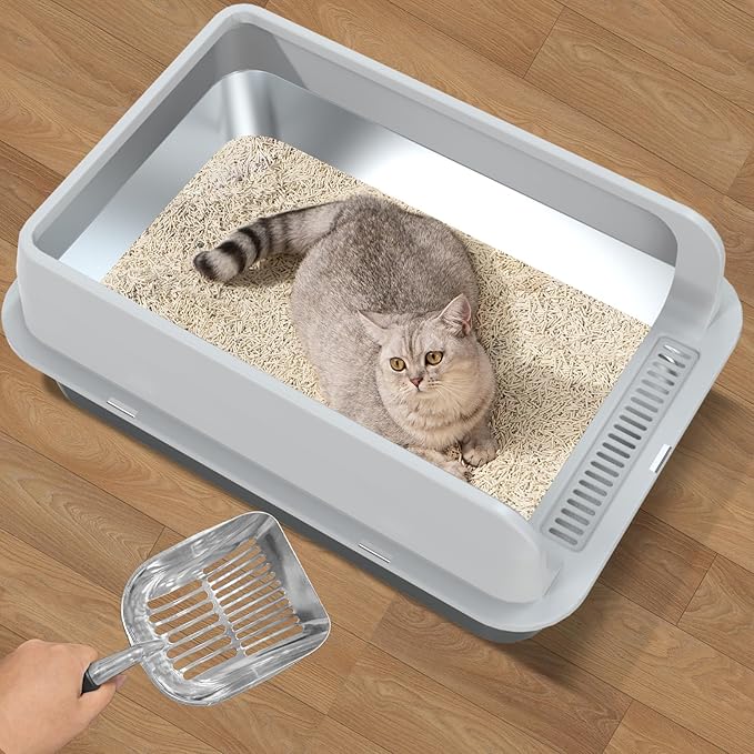 Stainless Steel Litter Box, Enclosed Cat Litter Box Metal Pan Tray with High Wall Sides Non-Stick No Smell Easy to Clean Pet Toilet Supplies for Indoor Cats,Kitten, Kitty, Rabbit (Front Pedal)