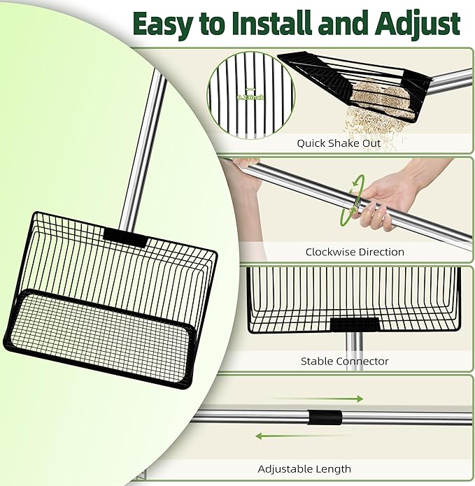 Jusoney 10" Upgrade and Reinforcement Stainless Steel Manure Scoop w/4-in-1 Adjustable Handle (36.6"-62"), Ergonomic Sifter Shovel for Chicken Coop, Cat Litter, Pet Waste Cleaning Tools
