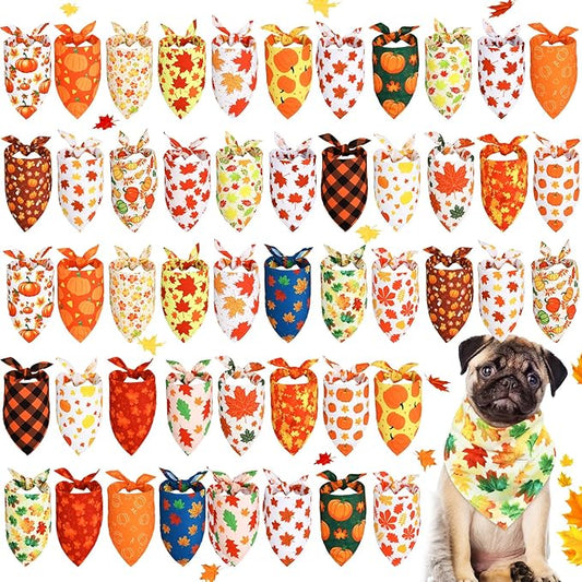 Sweetude 50 Pcs Thanksgiving Fall Dog Bandanas Bulk Pumpkin Maple Leaves Autumn Plaid Bandanas for Dogs Soft Bibs Triangle Scarves for Small Medium Large Pets Costume (25.6 x 17.7 x 17.7 Inch)