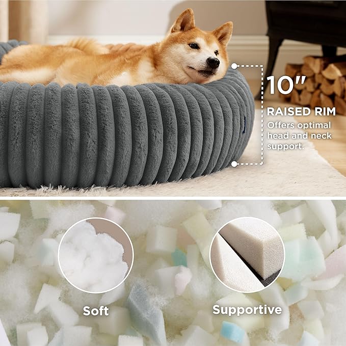 Bedsure Donut Large Dog Bed - Washable Faux Fur with Corduroy Fleece & Anti Slip Bottom, Round Pet Bed with Removable Cover, Warm Grey, 36x36x8 inches