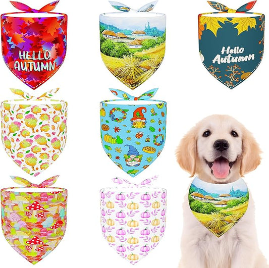 7 Pcs Fall Dog Bandanas for Small Medium Dogs Breed 25 Inch Autumn Dog Bandana Adjustable Large Hemming Seam Edge Scarves Grooming M