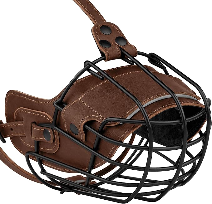 OOPSDOGGY Metal Pitbull Dog Muzzle Reflective Leather Mask Secure Wire Basket Muzzle for Large Dogs Brown, Pitbull