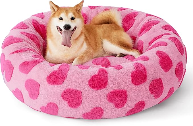LE SURE Donut Large Dog Bed - Round Cat Beds for Indoor Anti-Anxiety Calming Pet Beds, Washable Cute Modern Beds with Teddy Sherpa Plush & Anti Slip Bottom, 36 Inch, Heart Pink