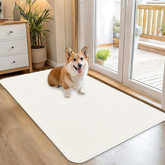 OLANLY Dog Door Mat for Muddy Paws 45x27, Absorbs Moisture and Dirt, Absorbent Non-Slip Washable Doormat, Quick Dry Chenille Mud Mat for Dogs, Entry Indoor Entryway Carpet for Inside Floor, Ivory