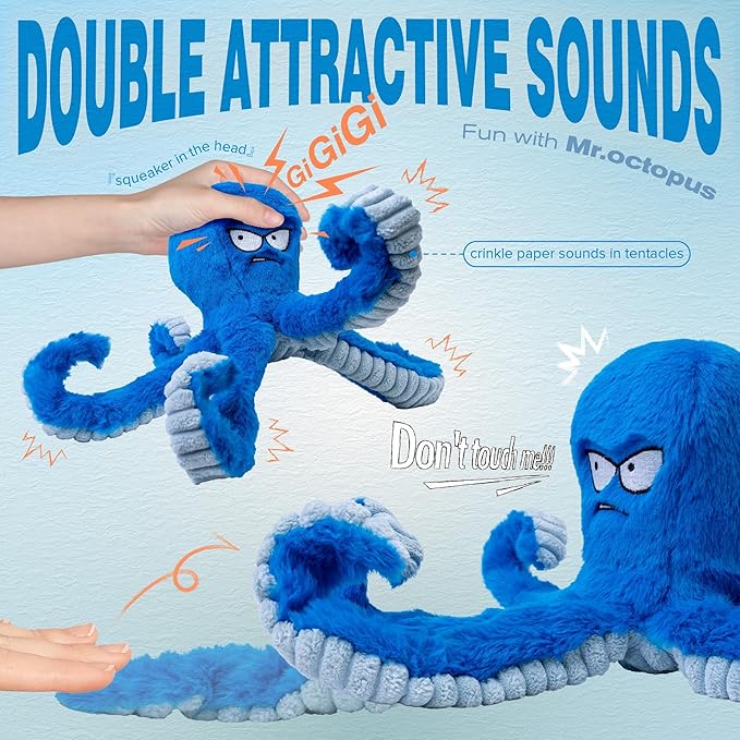 LEGEND SANDY Tough Dog Toys, Stuffed Chew Large Dog Toys to Keep Them Busy, Interactive Squeaky Tug of War Doggie Toy, Crinkle Blue Octopus