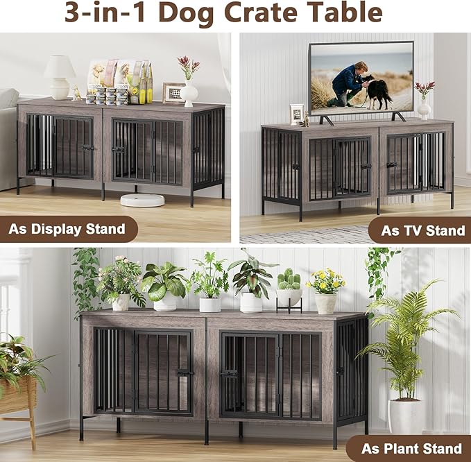 EasyCom Dog Crate Furniture for 1 or 2 Dogs, Heavy Duty Single/Double Dog Crates for Small/Medium/Large Dogs, Dog Kennel Furniture Indoor as TV Stand, Small Size 55.12" L(0-20 Pounds), Oak Grey