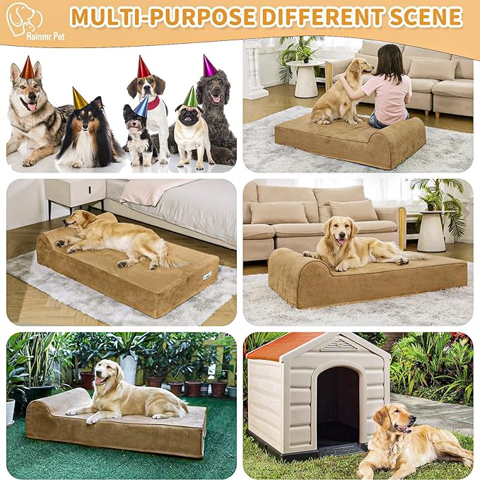 Orthopedic Dog Beds for Large Dogs, 7" Memory Foam Dog Beds with Waterproof Liner, Chew Proof Microsuede Cover, Removable and Washable, Nonskid Bottom, 60"x48"x7" XXL Khaki