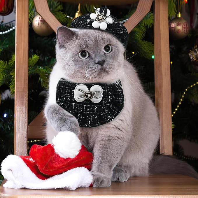 HOWWFALY 2PCS Cat Beret Hat with Camellia, Adjustable Bow Bandana Scarf Set Pet Princess Costume for Halloween Christmas, Cat Dog Birthday Party Apparel (Camellia)