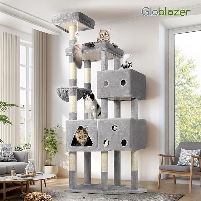 Globlazer Extra Large Cat Tower, 81-inch Tall Cat Tree for Big Cats 20 lbs, XXL Heavy Duty Cat Scratching Tower for Indoor Adult Cats with 3 Cat Condos, 8 Scratching Posts, F81, Light Grey