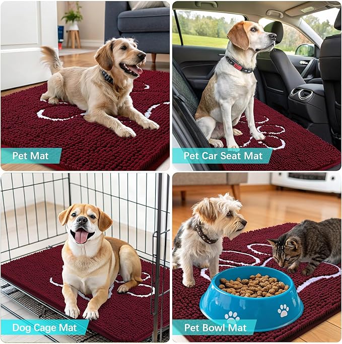 OLANLY Dog Door Mat for Muddy Paws 36x24, Paw Print Design, Absorbs Moisture and Dirt, Absorbent Non-Slip Washable Doormat, Quick Dry Chenille Mud Mat for Dogs, Entry Indoor Entryway Carpet, Burgundy