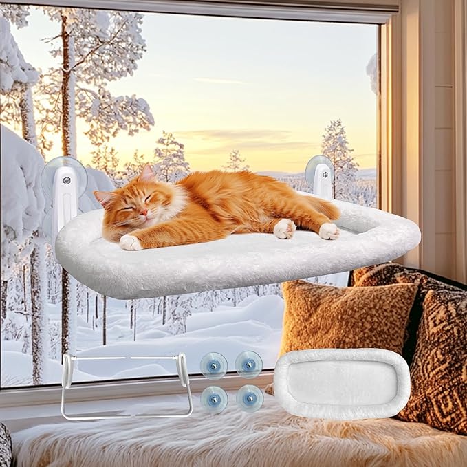 L&W BROS. Cat Window Perch Cushion Bed Cat Window Hammock with 4 Updated Suction Cups Easy to Assemble Cat Window Bed for Heavy Large Cats (M 1Pc)