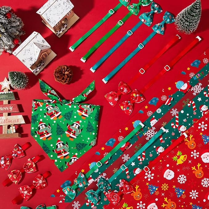 Sanwuta 100 Pcs Christmas Dog Bandanas Bulk and Charm Collar Bow Ties Set 50 Xmas Bandanas for Dogs 50 Xmas Doggie Collar Santa Snowflake Triangle Scarf Bowtie for Small Medium Large Pets