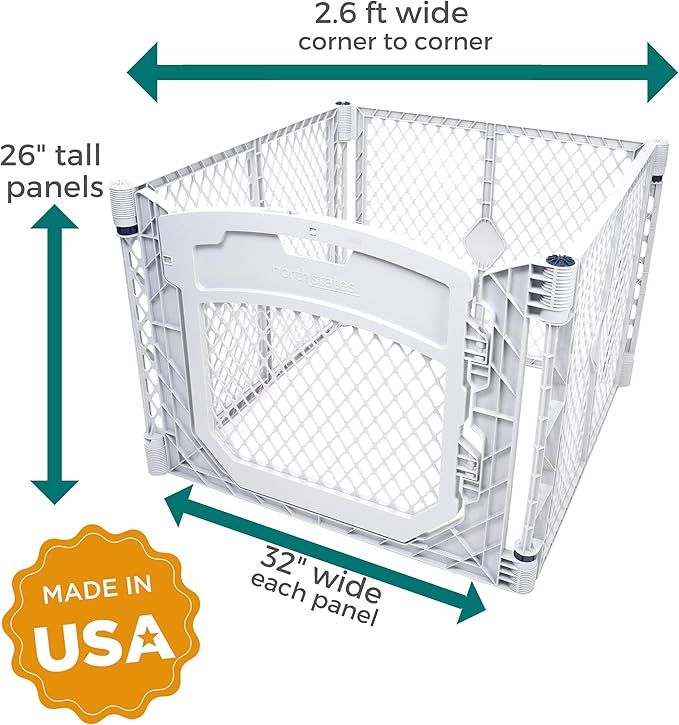 MyPet North States Petyard Plus: 3 Ft. Wide Folding Dog Playpen Indoor or Outdoor. 4-Panel Freestanding Play Pen Dog Gate Made in USA. 26" Tall, Light Gray