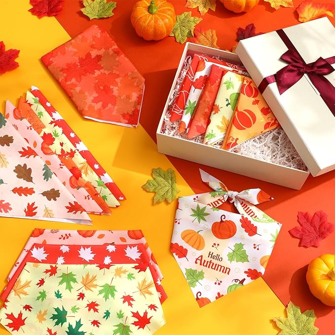 Weewooday 50 Pcs Thanksgiving Fall Dog Bandanas Bulk Pumpkin Maple Leaves Autumn Bandanas for Bibs Adjustable Scarf for Small Medium Large Pets Cats Costume(Leaves Pattern, 31.5 x 21.7 X21.7 Inch)