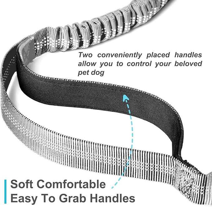Hands Free Dog Leash, Adjustable Waist Leash for Dog, Handle Bungee 4.2-6.7 Feet Long with Reflective Stitches for Walking Hiking Running, Fits 26"- 43" Waist, Light Grey