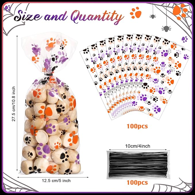 Blulu 100 Pieces Dog Treat Bags Puppy Party Favor Pet Paw Cone Cellophane Bags Candy Heat SealableDog Paw Gift with 100 Pieces Silver Twist Ties for Pet Cat Treat Party Favor(Orange, Black, Purple)
