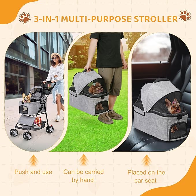 ZENY Pet Stroller, 3 in1 Foldable Dog Cat Jogger Stroller with 4 Wheels, Detachable Basket and Cup Holder, Travel Folding Carrier for Small/Medium Pet