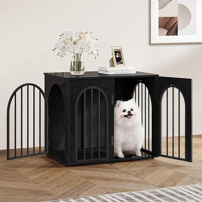 26.8'' Wooden Dog Crate Furniture, Indoor Dog Kennel Dogs Cage for Small Dogs, Heavy Duty Dog Crates Decorative Pet House End Side Table TV Stand, Black DFC85504B