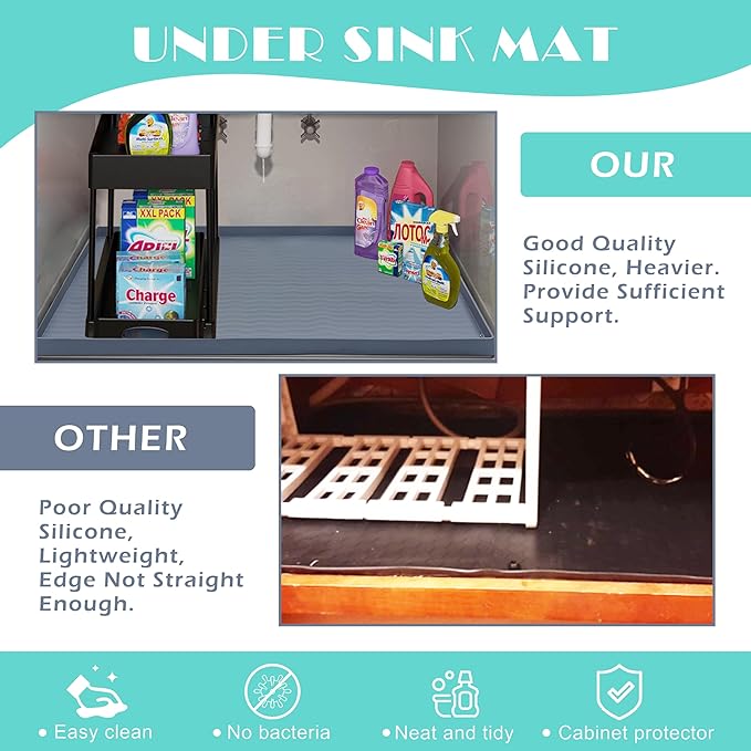 URMONA Waterproof Silicone Under Sink Mat 31'' x 22'' Shelf Liner for Kitchen and Bathroom, Cabinet and Counter Protector, Storage and Organizers, Litter Mat, Pet Cat Puppy Essentials(Beige)