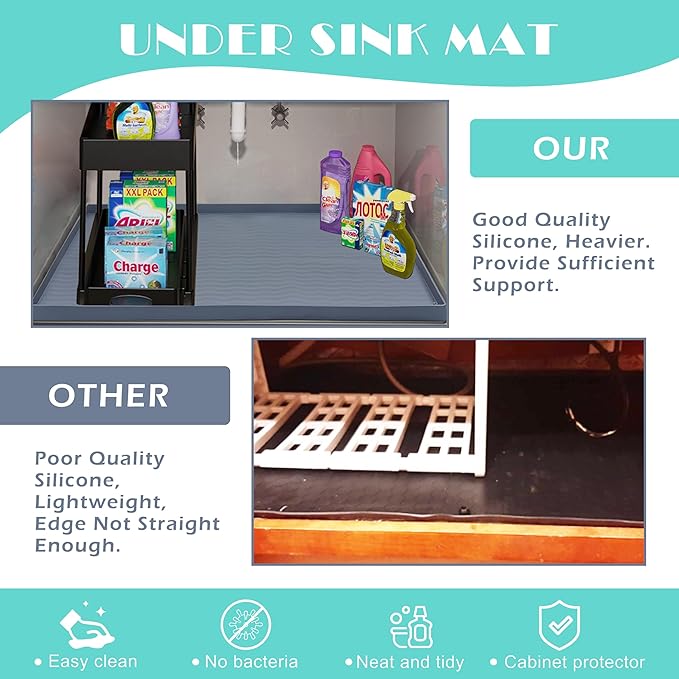 URMONA Waterproof Silicone Under Sink Mat 34'' x 22'' Shelf Liner for Kitchen and Bathroom, Cabinet and Counter Protector, Storage and Organizers, Litter Mat, Pet Cat Puppy Essentials(Dark Grey)