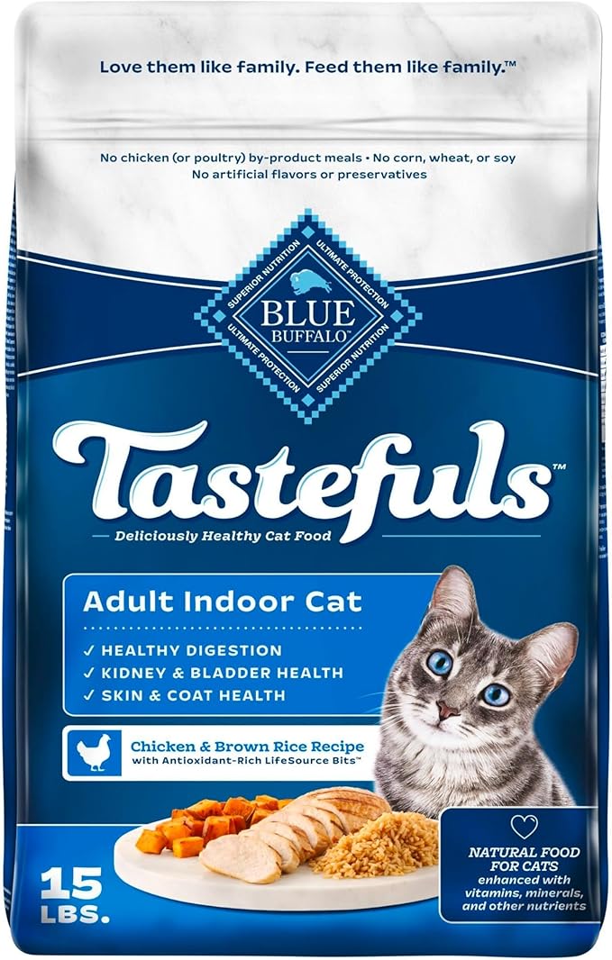 Blue Buffalo Tastefuls Natural Dry Food for Adult Indoor Cats, Chicken & Brown Rice Recipe, 15-lb. Bag