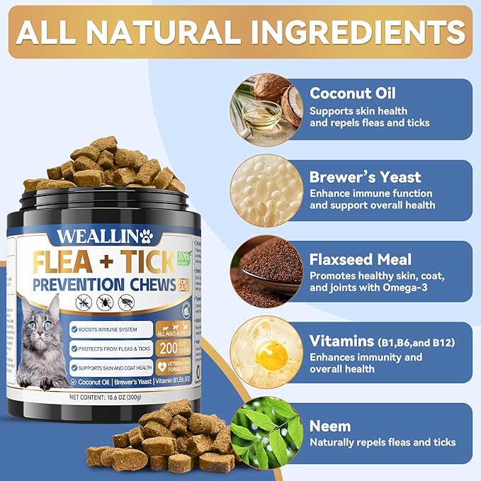 Flea and Tick Prevention Chews for Dog&Cats, Flea and Tick Prevention for Dogs, Flea and Tick Prevention for Cats, 200 Soft Chews, Chicken Flavor, Natural Flea and Tick Treatment