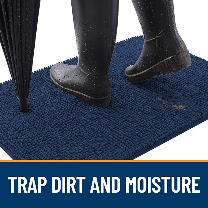 OLANLY Dog Door Mat for Muddy Paws 30x20, Absorbs Moisture and Dirt, Absorbent Non-Slip Washable Doormat, Quick Dry Chenille Mud Mat for Dogs, Entry Indoor Entryway Carpet for Inside Floor, Dark Blue