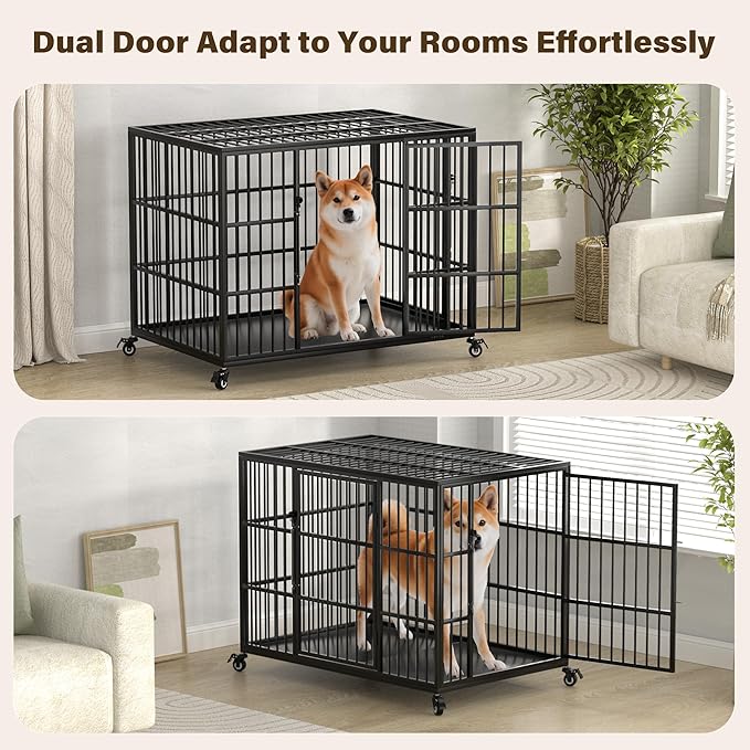 VERIFURTY 42 Inch Heavy Duty Dog Crate for Large and Medium Dogs with Self-Locking Latch, Escape-Proof Steel Kennel Indoor, XL Large Double Door Metal Pet Cage with Wheels