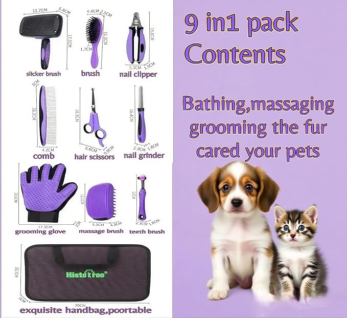 Pet Hair Grooming Tool Kit-9 Packs Dog Cat Grooming Kit Pet Dog Cat Grooming Supplies Washing Gloves Slicker Brush Kit Nail Grider Trimming Tools Pet Toothbrush Comb and Grooming Scissors Set