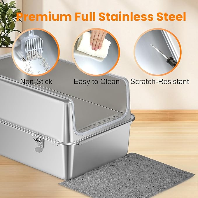 Stainless Steel Litter Box with Metal Lid and Scoop - Enclosed Metal Litter Box for Large Cats, Rust-Resistant, Odor-Control, Easy to Clean, Durable & Long-Lasting with Round Edge (XL)