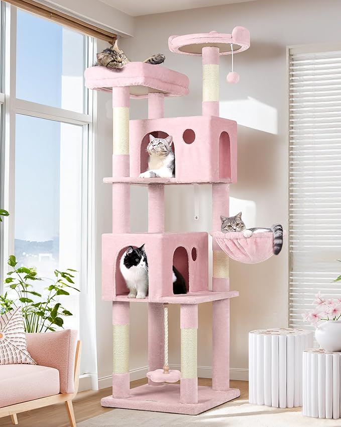 Globlazer Pink Cat Tree, 70 inch Tall Scratching Tower Multi-Level Cat Condo for Indoor Multiple Cats with 2 Large Cat Caves, Top Perch, Large Platform, Bottom Swing, F70B, Pink