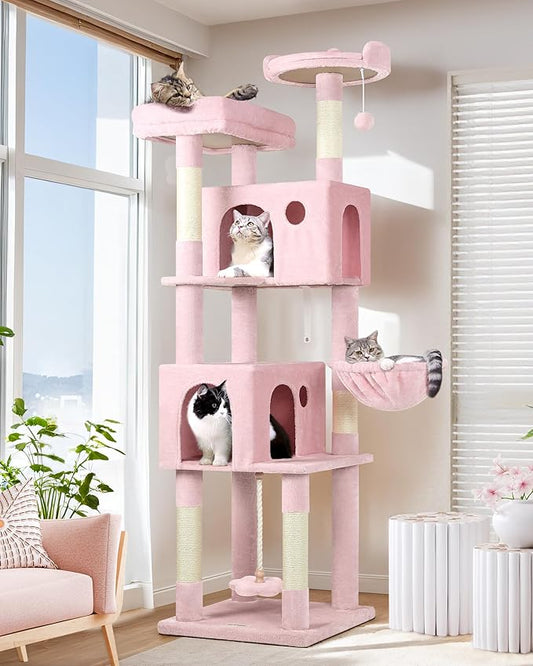 Globlazer Pink Cat Tree, 70 inch Tall Scratching Tower Multi-Level Cat Condo for Indoor Multiple Cats with 2 Large Cat Caves, Top Perch, Large Platform, Bottom Swing, F70B, Pink