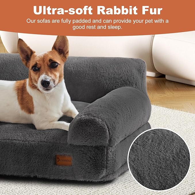 Dog Couch Bed, Cat Bed for Indoor Cats, Calming Pet Sofa Puppy Sleeping Bed with Removable Washable Cover, Cute Dog Couch and Lounge Chair for 45lbs Cats & Small Medium Dogs(Dark Gray)