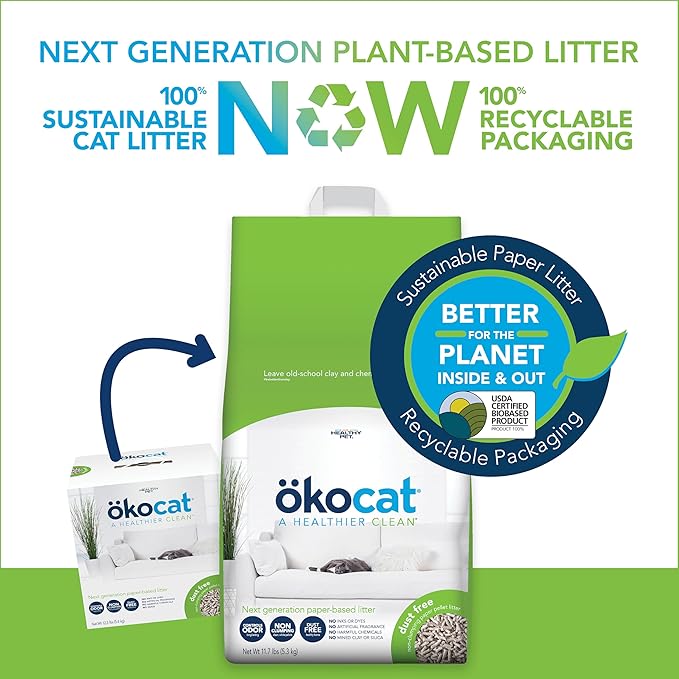 ökocat Dust Free Non-Clumping Paper Pellet Cat Litter, Unscented, 11.7 pounds - Natural Ingredients, Controls Odor, Dust Free, Great for Homes with Allergies, Postsurgical Needs