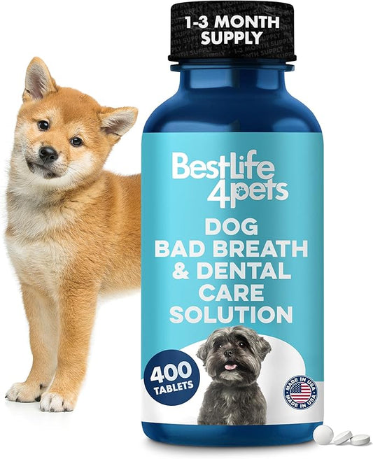 Dog Bad Breath & Dental Care Solution, Supports Canine Oral Health, Relieves Stinky Breath, Tooth Pain, Red Swollen Gums, Helps Reduce Plaque and Gingivitis, 400 Odorless, Tasteless Easy to Use Pills