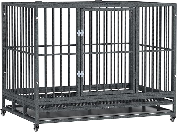 PawHut 43" Heavy Duty Dog Crate Metal Cage Kennel with Lockable Wheels, Double Door and Removable Tray, Gray