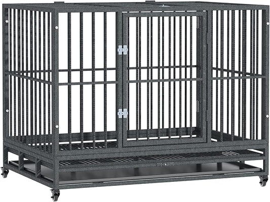 PawHut 43" Heavy Duty Dog Crate Metal Cage Kennel with Lockable Wheels, Double Door and Removable Tray, Gray