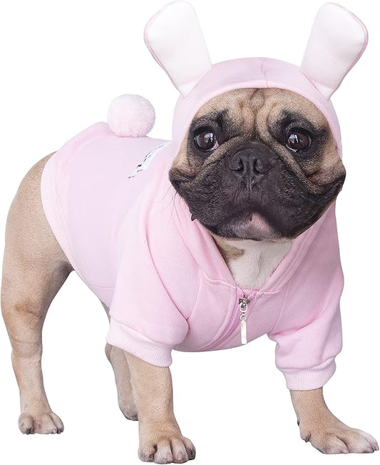 iChoue English Bulldog Bunny Dog Costumes Clothes Sweater Cute Funny for Cold Weather Winter Coats Hoodies - Pink/XXLarge
