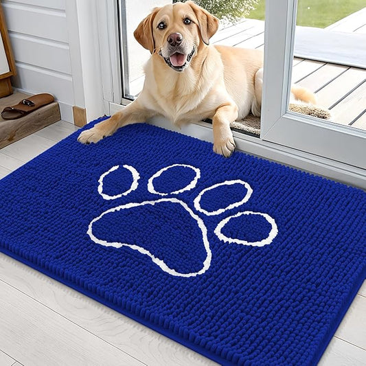 OLANLY Dog Door Mat for Muddy Paws 36x24, Paw Print Design, Absorbs Moisture and Dirt, Non-Slip Washable Doormat, Quick Dry Chenille Mud Mat for Dogs, Entry Indoor Entryway Carpet, Royal Blue