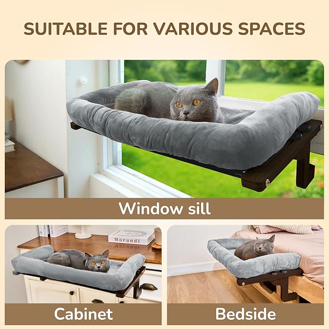 45LBS Capacity Cat Window Perch with Bolster, Hammock Seat with Plywood & Metal Frame, Cat Window Bed for Indoor Cats & Kitten, Extra Cood Pad (Walnut Wood & Gray Cushion, 24.8''W x 9.4''H)