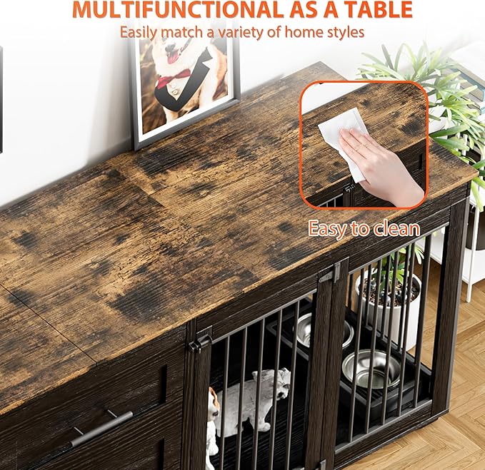 Rophefx 94.5" Dog Crate Furniture for 2 Dogs, Large Dog Kennel Furniture with 3 Storage Drawer, Wooden Dog Cage with 4 Bowls, Indoor Dog House TV Stand with Locks for Large Medium Dog, Black