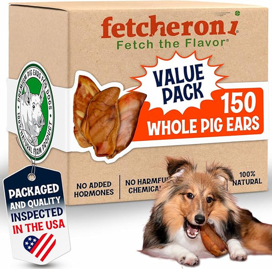 Whole Pig Ears for Dogs Large - 150 Pack Long Lasting Dog Chews – One Ingredient Delicious All Natural Flavor – Easy to Digest Dog Treats for Large Dogs - Great for Teeth and Gums